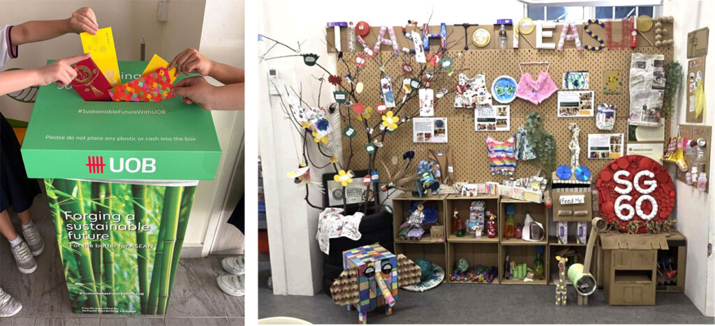 (Left) UOB Festive Packet Recycling at Angsana Primary School (Right) UOB Recycling Corner by Little Olive Tree – Yishun